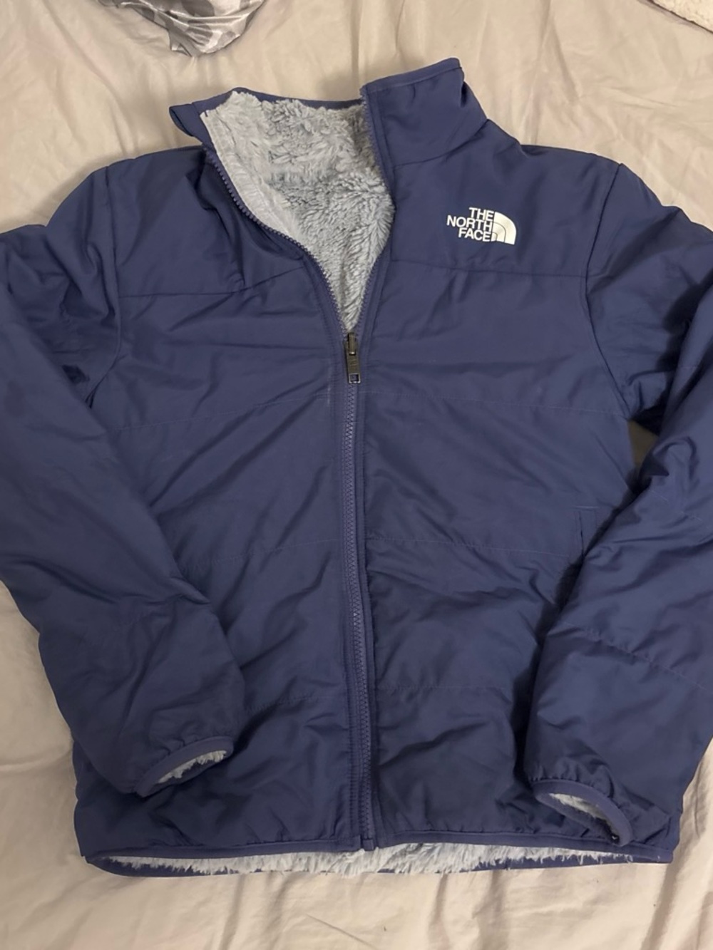 The North Face Navy Blue Jacket with Light Gray Sherpa Lining